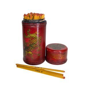 Vintage Chinese Fortune Telling Sticks Red Cylindered Box 7.5" Manual 60 Sticks